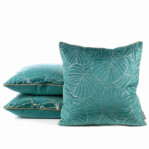 Poszewka LC velvet ciemno turkusowo złota 45x45 Lili liście