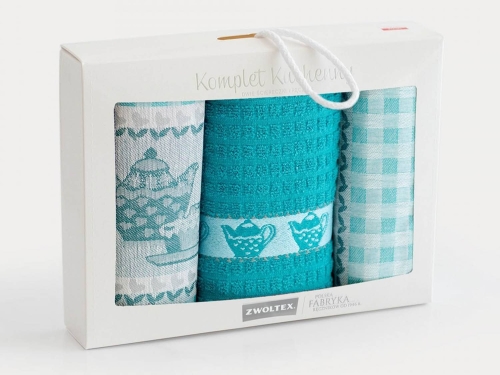 Komplet ścierek 2x50x70 + ręcznik 30x50 Podwieczorek turkusowy