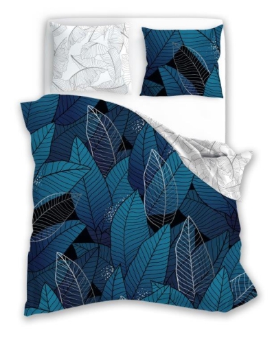 Pościel bawełniana granatowo biała Trendy 160x200 w liście