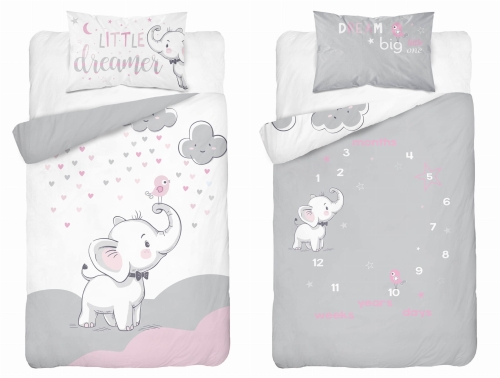 Komplet pościeli bambusowej biało różowej do łóżeczka 90x120 Słonik