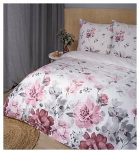 Pościel satyna bawełniana Home Satin biała 160x200 kwiaty popielato różowe