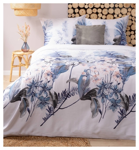 Pościel satyna bawełniana Home Satin biała 220x200 w błękitne liście i kwiaty