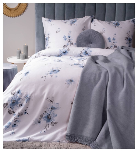 Pościel satyna bawełniana Home Satin biała 220x200 w błękitne kwiaty