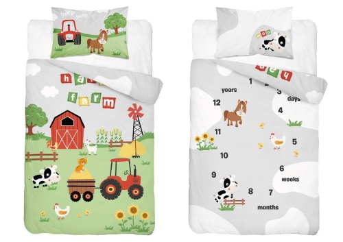 Komplet pościeli bawełnianej popielato zielonej do łóżeczka 100x135 Farma