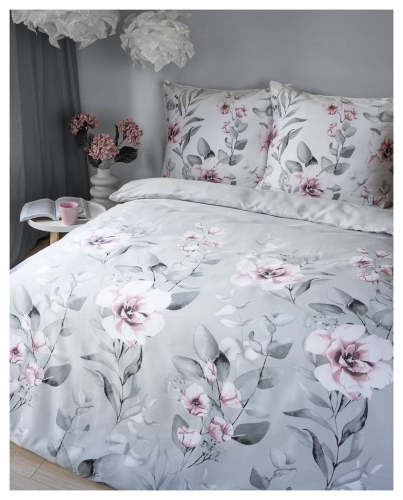 Pościel satyna bawełniana popielata Home Satin 160x200 w różowe kwiaty