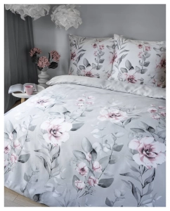 Pościel satyna bawełniana popielata Home Satin 220x200 w różowe kwiaty 