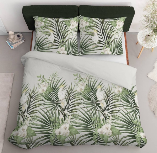 Pościel satyna bawełniana biała w zielone liście Home Satin 220x200 z papugą