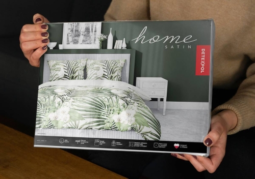 Pościel satyna bawełniana biała w zielone liście Home Satin 220x200 z papugą