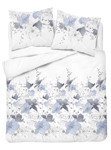 Pościel satyna bawełniana biała Home Satin 220x200 w błękitno popielate kwiaty