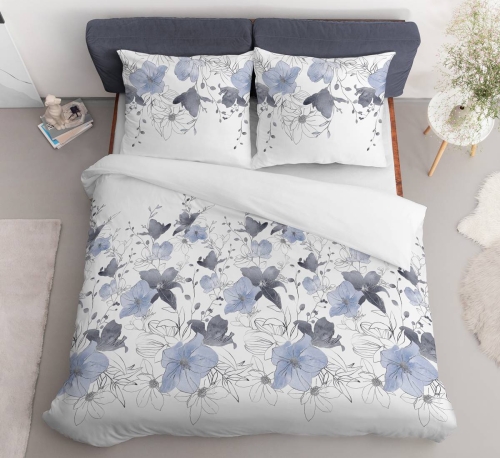 Pościel satyna bawełniana biała Home Satin 220x200 w błękitno popielate kwiaty