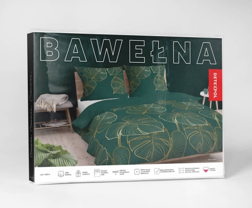 Pościel bawełniana zielona 220x200 złote liście
