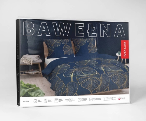 Pościel bawełniana granatowa 160x200 złote liście 