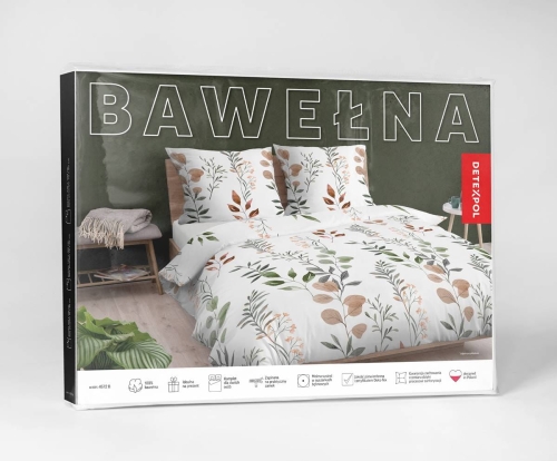 Pościel bawełniana biała 180x200 w rude i zielone liście i kwiaty