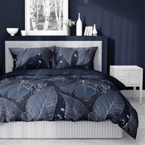 Pościel satyna bawełniana granatowa Home Satin 160x200 w srebrne liście