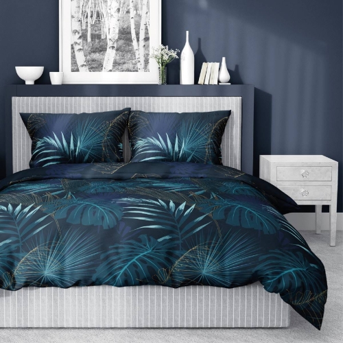 Pościel satyna bawełniana granatowa Home Satin 220x200 liście 