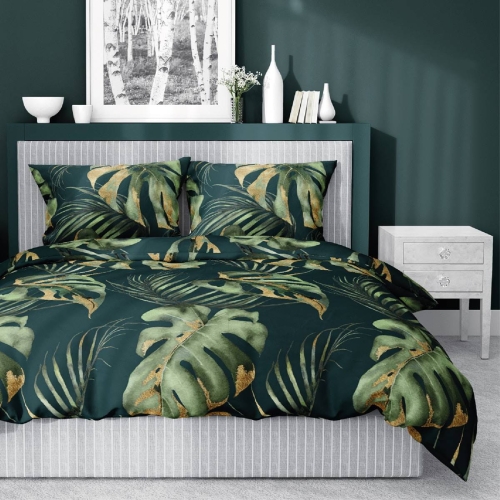 Pościel satyna bawełniana zielona Home Satin 220x200 liście monstery