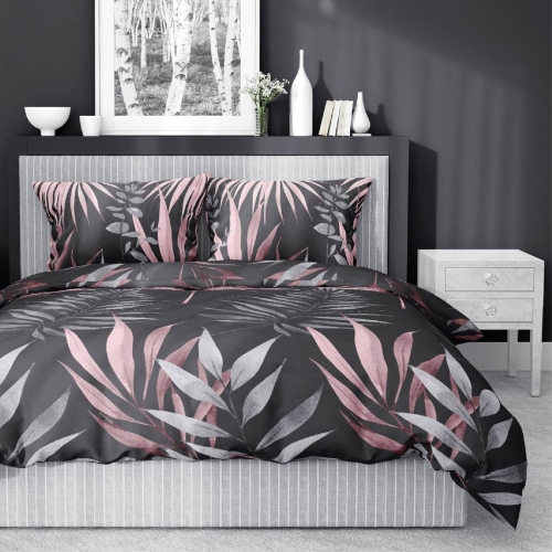 Pościel satyna bawełniana czarna Home Satin 220x200 w liście 