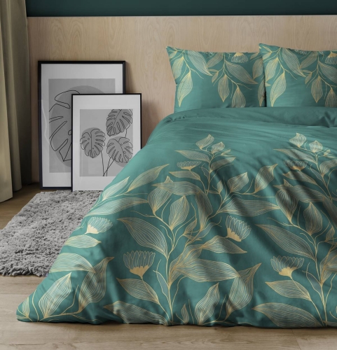 Pościel satyna bawełniana Home Satin zielona 220x200 w złote liście