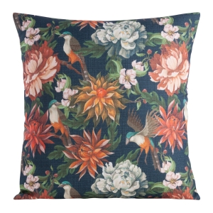 Poszewka dekoracyjna granatowa Flore 45x45 w kwiaty i ptaszki