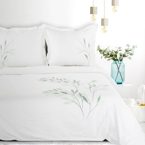 Premium pościel haftowana biała 160x200 zielone liście