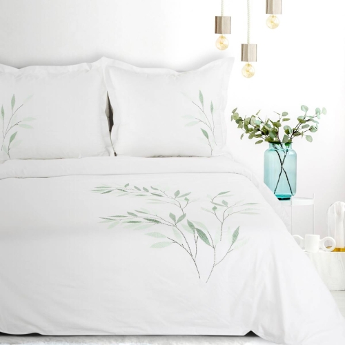 Premium pościel haftowana biała 220x200 zielone liście