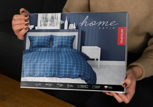 Pościel satyna bawełniana Home Satin granatowa 180x200 z dwoma poszewkami 50x70 w kratkę