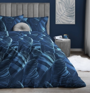 Pościel satyna bawełniana Home Satin granatowa 160x200 w liście