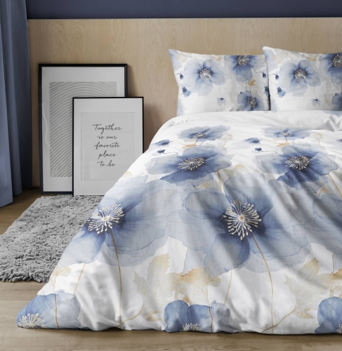 Pościel satyna bawełniana Home Satin biała 180x200 w błękitne kwiaty