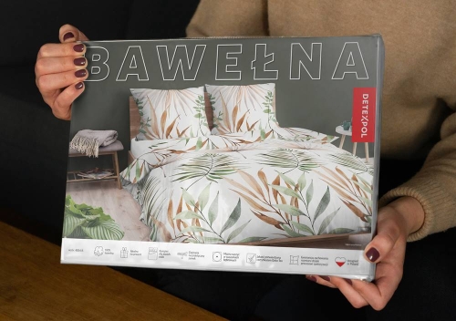Pościel bawełniana 100% biała 160x200 w zielone i beżowe liście