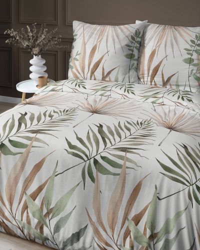 Pościel bawełniana 100% biała 220x200 w zielone i beżowe liście