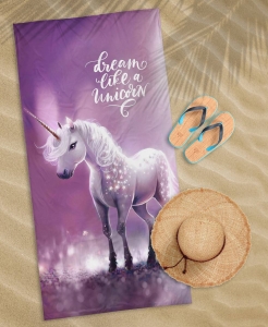 Ręcznik bawełniany dziecięcy plażowy 70x140 Fioletowy Jednorożec 