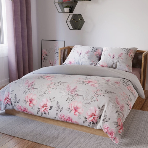 Komplet pościeli z bawełny satynowej popielata w różowe kwiaty 160x200 Azalea