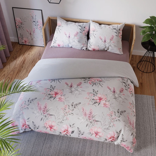 Komplet pościeli z bawełny satynowej popielata w różowe kwiaty 160x200 Azalea