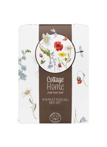 Pościel bawełniana Cottage biała 220x200 w polne kwiaty, motyle i ważki