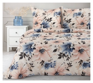 Komplet pościeli kremowej Sonia 100% bawełniana 160x200 w błękitne i pudrowe kwiaty