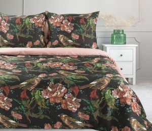 Komplet pościeli z bawełny satynowej czarno różowej Spring 140x200 w ptaszki