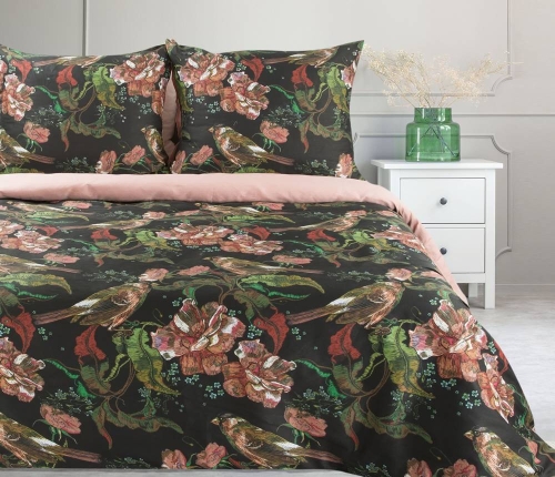 Komplet pościeli z bawełny satynowej czarno różowej Spring 140x200 w ptaszki