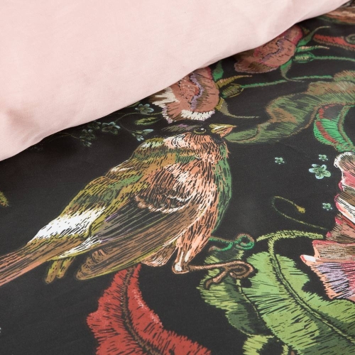 Komplet pościeli z bawełny satynowej czarno różowej Spring 160x200 w ptaszki