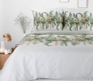 Komplet pościeli z bawełny satynowej biało miętowej Spring 140x200 w kremowe kwiaty w liściach