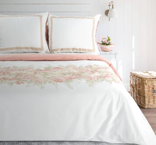 Komplet pościeli z bawełny satynowej biało różowej Spring 160x200 w różowe kwiaty