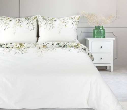 Komplet pościeli z bawełny satynowej biało miętowej Spring 140x200 w liście