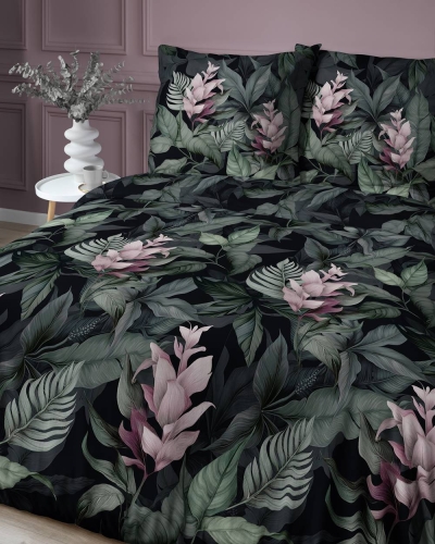 Pościel satyna bawełniana czarno zielona Home Satin 140x200 w liście i kwiaty