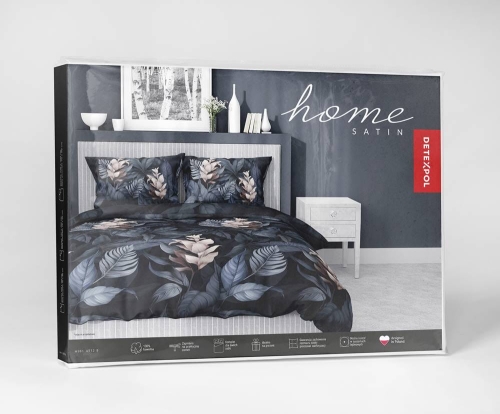 Pościel satyna bawełniana czarno granatowa Home Satin 220x200 w liście i kwiaty