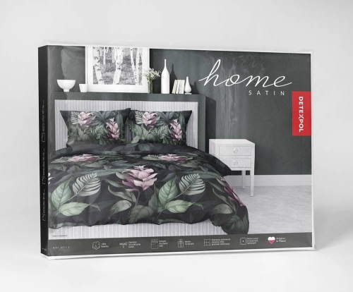 Pościel satyna bawełniana czarno zielona Home Satin 160x200 w liście i kwiaty