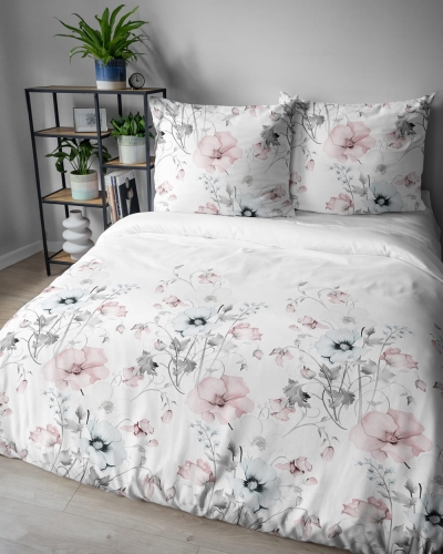Pościel bawełniana 100% biała 160x200 w miętowe i różowe kwiaty