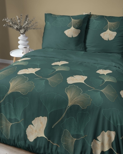 Pościel satyna bawełniana zielona Home Satin 220x200 liście ginkgo 