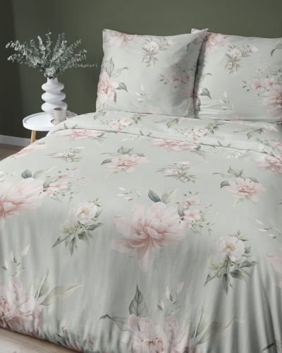Pościel satyna bawełniana jasno zielona Home Satin 160x200 w kremowe i różowe kwiaty