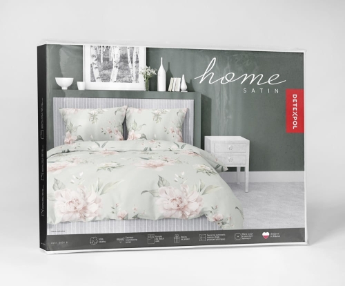 Pościel satyna bawełniana jasno zielona Home Satin 220x200 w kremowe i różowe kwiaty
