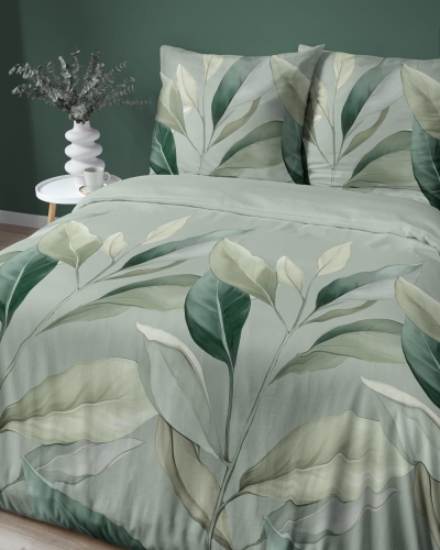 Pościel satyna bawełniana jasno zielona Home Satin 160x200 w liście
