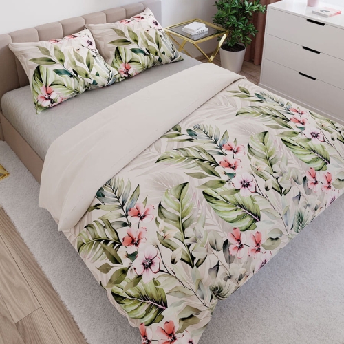 Komplet pościeli z bawełny satynowej w kwiaty hibiskusa 220x200 Paradis